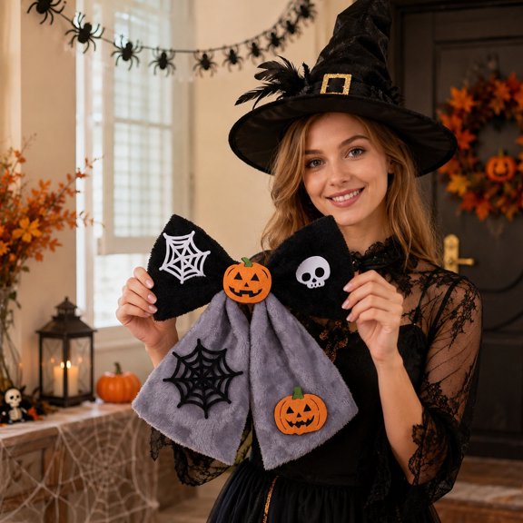 Halloween Party Decor, Plush Halloween Bow, Halloween Web Decor, Witch Halloween Decor, 14X12 Inch Fabric Bow for Haunted House, Window, Wall, and Holiday Event Display