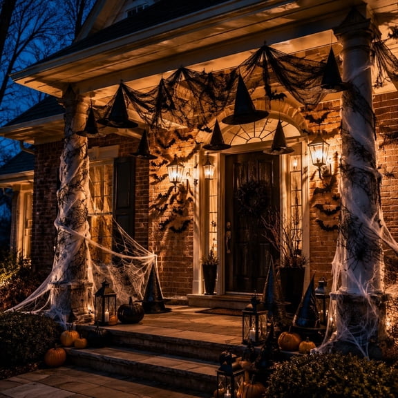Halloween Party Decor Set with Witch Hats, Creepy Gauze and Spider Web, Complete Scene Decoration Kit for Haunted House and Themed Events