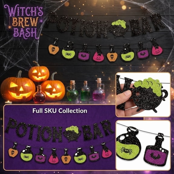Halloween Party Decor, Witch Decorations, Halloween Wall Decorations, Hanging Wall Decor, Double-Strung Potion Bar Garland with Bubbling Cauldron Graphic and Colorful Spooky