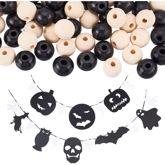 Halloween Party Decoration Making Kit Including Wood Beads Ghost Woven Fabric & Pumpkin Owl Skull Bat Felt Hanging Pendants Black 120Pcs/bag