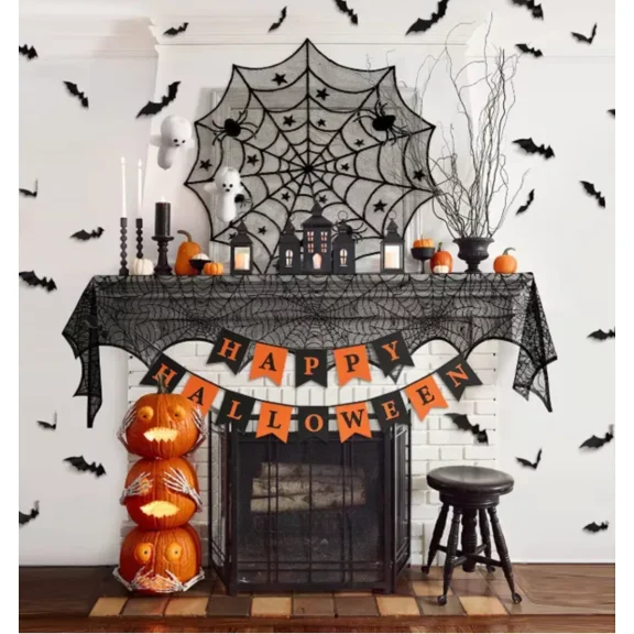 Halloween Party Decoration Spider Cobweb Table Runner, Cobweb Spider Round Cover