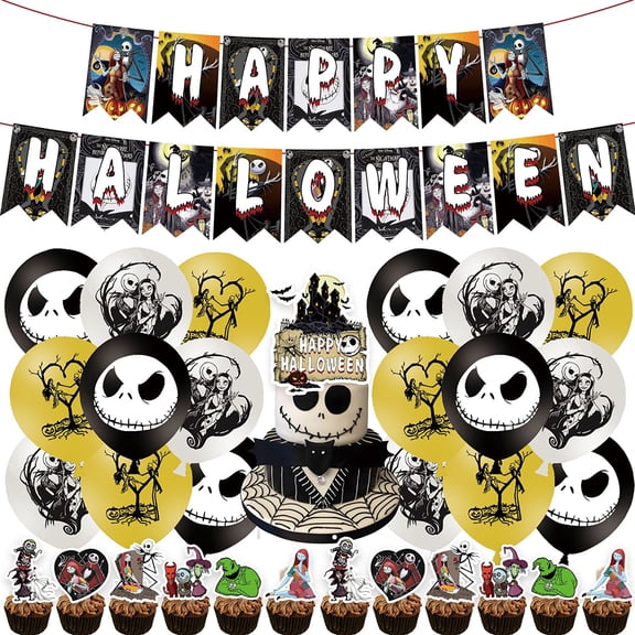 Halloween Party Decoration Supplies Set, Cartoon Skeleton Cupcake Topper, Latex Balloons, Banner Flag Hotography Scene Props Combination