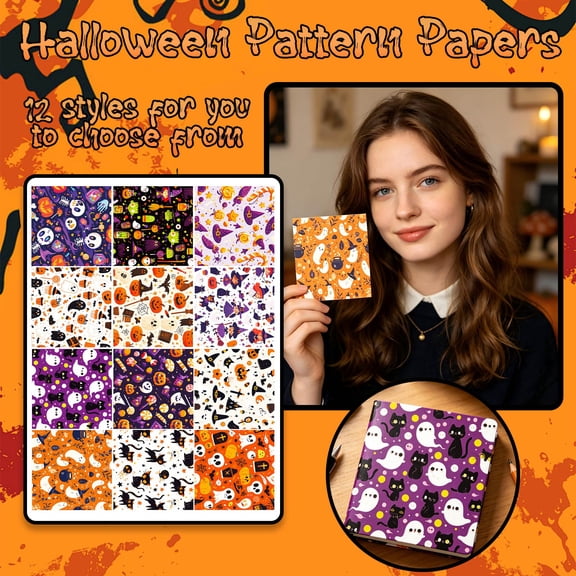 Halloween Party Decorations 12 Sheets Spooky Scrapbooking Paper Set Halloween Decor Indoor Double Sided Printed Craft Pattern Paper for Diy Card Making