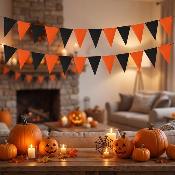 Halloween Party Decorations Black and Orange Bunting, Fish Tail Banner Pennant Flag with 14.8 FT String for Haunted House Bar