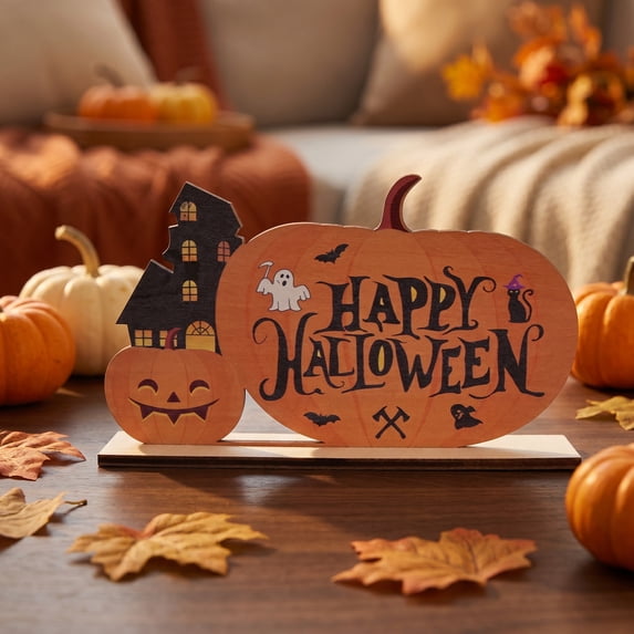 Halloween Party Decorations, Halloween Centerpiece, Pumpkin Decorations for Home, Cute Ghost Decor, 6.5X4 Inch Wooden Freestanding Sign with Jack O Lantern and Haunted Mansion