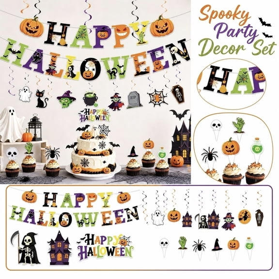 Halloween Party Decorations, Halloween Indoor Decorations, Hanging Halloween Decor, Pumpkin Decorations for Home, 196 Inch 3-Strand Happy Halloween Letter Banner Set with Cartoon