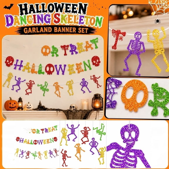 Halloween Party Decorations, Halloween Indoor Decorations, Indoor Halloween Wall Decorations, Halloween Wall Decor, 118 Inch Glitter Colorful Dancing Skeleton Hanging Banner Set