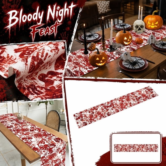 Halloween Party Decorations, Halloween Table Runner, Bloody Halloween Decorations, Haunted House Decorations, Scary Blood Handprint Pattern Plastic Table Cover, Waterproof