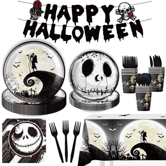 Halloween Party Decorations - Halloween Themed Supplies Includes Plates, Cups, Napkins, Banner, Cutlery, Tablecloth