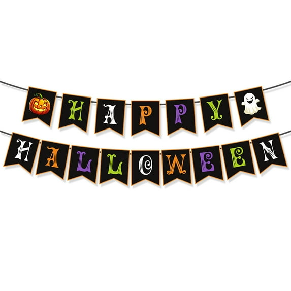 Halloween Party Decorations, Happy Halloween Banner Party Decorations, Pumpkin Spider Bat Witch Hat Signs, Haunted House Garland, Indoor Outdoor Halloween Wall Mantel Fireplace Party Supplies