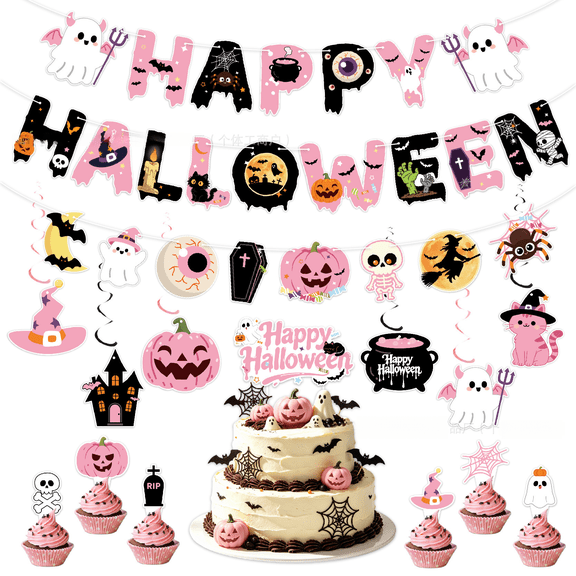 Halloween Party Decorations Kit Happy Halloween Banner Cake Cupcake Toppers Hanging Spirals Spooky Ghost Pumpkin Bat Witch Skull Trick or Treat Set