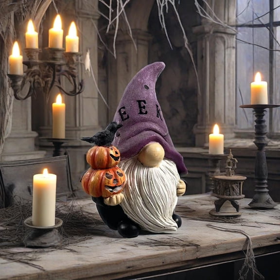 Halloween Party Decorations, Purple Resin Halloween Dwarf Statue with Crow, Halloween Party Decorations for Adults and Fall Party Decor for Seasonal Gatherings, Fall Gnomes