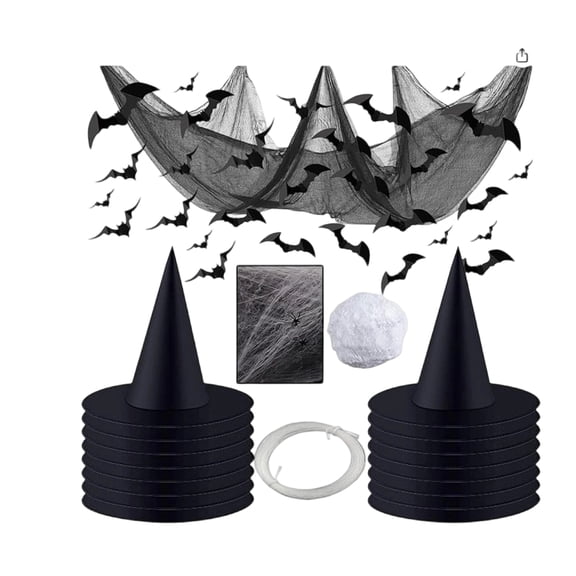 Halloween Party Decorations Set, Includes 12 Witch Hats, 28 Bats, Creepy Background Gauze and Web Stickers, Complete Scene Decor Collection, Spooky Home Event Package