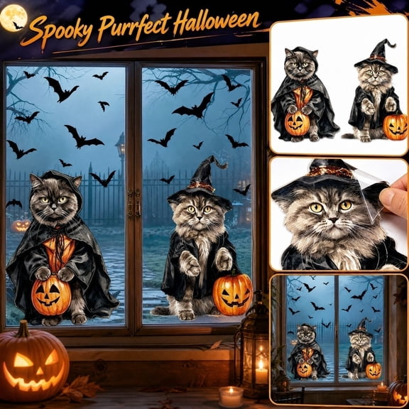 Halloween Party Decorations, Spooky Halloween Decor, Peel and Stick Wall Decals, Indoor Halloween Decorations, Static Window Featuring Black Cloak Wizard Cat, Classic Carved