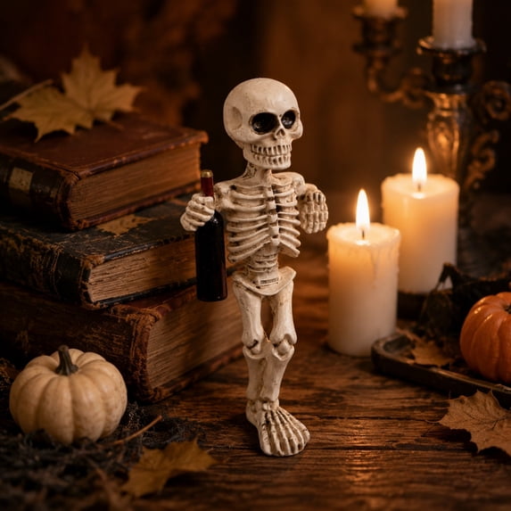 Halloween Party Decorations, Standing Skeleton with Bottle, 4.5X2 Inch Skeleton Table Decor, Resin Gothic Skeleton Figure, Perfect for Halloween Home Office Desk Display