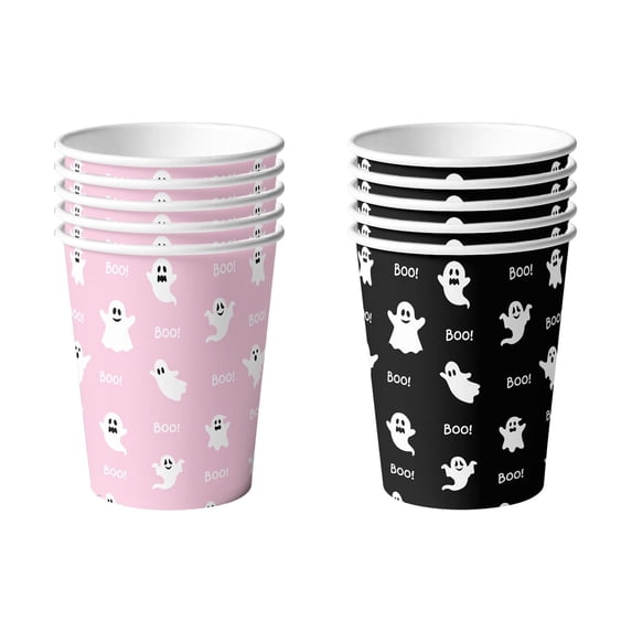Halloween Party Disposable Tableware, 10Pcs Pink and Black Ghost Paper Cup, Suitable for 10 Guests Holiday Party Decorations Paper Plates Party Supplies