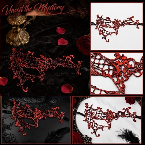 Halloween Party Face Cover, Womens Masquerade Mask, Carnival Mask for Women, Halloween, Cat Halloween, Red Single Eye Filigree Lace Half Mask 8X5 Inch for Spooky Themed Dress Up
