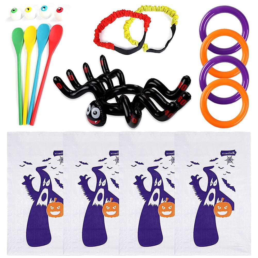 Halloween Outdoor Game Set 19-Pack - Potato Sack Race Bags, Inflatable Spider Toss, Spoon & Egg Race, Legged Relay Bands