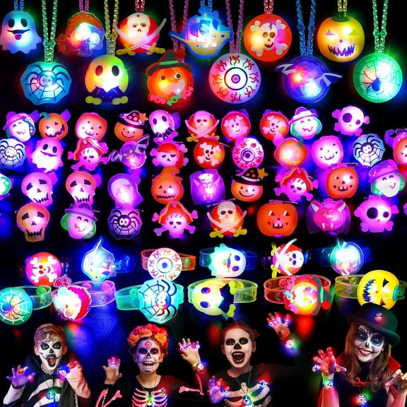 Halloween Party Favors for Kids, 38PCS Halloween Light Up Toys including Necklaces Rings Bracelets Brooches, Glow in the Dark Halloween Toys Bulk, Halloween Goodie Bag Fillers