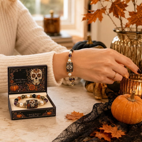 Halloween Party Favors for Student Dia de Los Muertos Bracelet with Small Jewelry Gift Box Halloween Beads Jewelry for Student for Halloween Party Decor Gifting 1 Pack