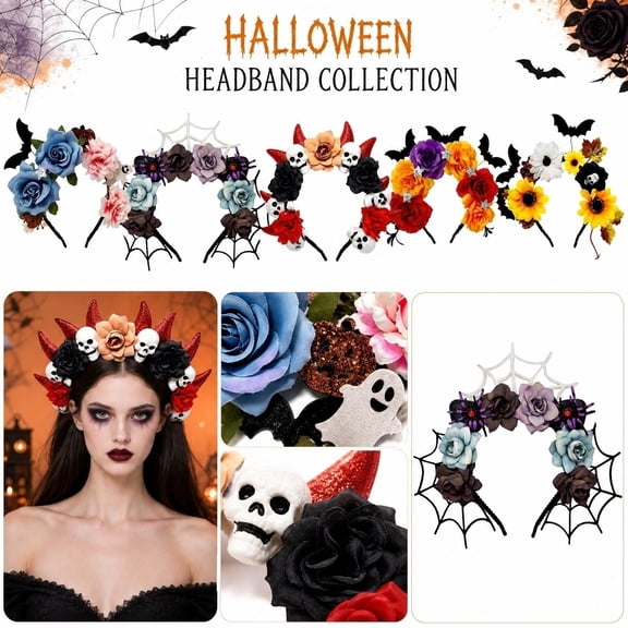 Halloween Party Headband, Bat Decorations for Halloween, Halloween Ghost Decorations, Halloween Flowers Artificial, 10X9 Inch 1Pc Skeleton Skull Floral Headpiece for Dress Up,