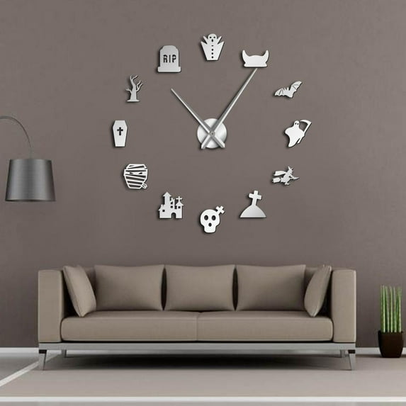 Halloween Party Horror DIY Giant Wall Clocks Vintage Macabre Frameless Big Needle Clock Wall Watch Halloween Treats Decoration(Silver,47inch)