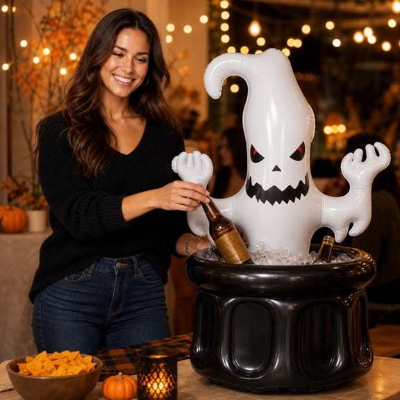 Halloween Party Inflatable Ice Bucket,PVC Iced Beverage Cooler with Skull Design,Waterproof Leakproof Cauldron for Themed Party and Barbecue