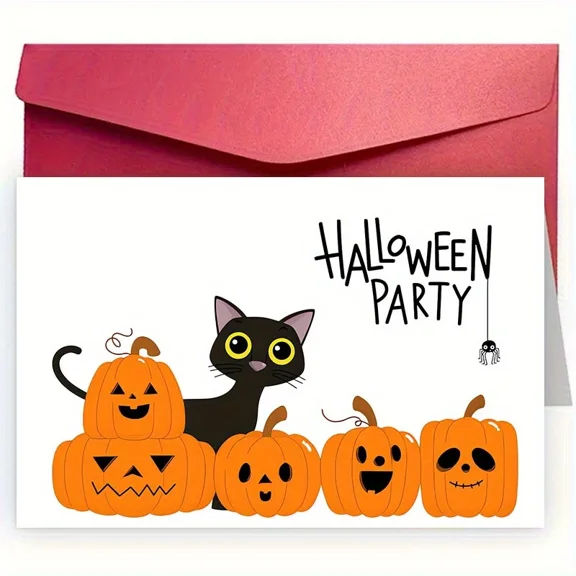 Halloween Party Invitations with Cute Cat & Jack-O'-Lanterns - Fun Autumn Celebration Cards  Includes Envelopes  Perfect for Spooky Gatherings and Kids' Parties