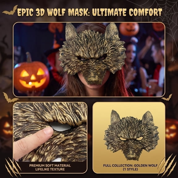Halloween Party Mask, Gold Wolf Mask, Adult Werewolf Mask, Masquerade Mask Gold, Soft 3D Textured Design, Clear Eye Holes, Measures 9X8X4 in for Comfortable Wear During,