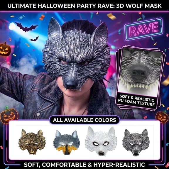 Halloween Party Mask, Wolf Mask, Gold Masquerade Mask, Werewolf Mask, Soft 3D Textured Full Face Prop, 9X7 in Comfortable to Wear for Masquerade Events, Gatherings, and Themed