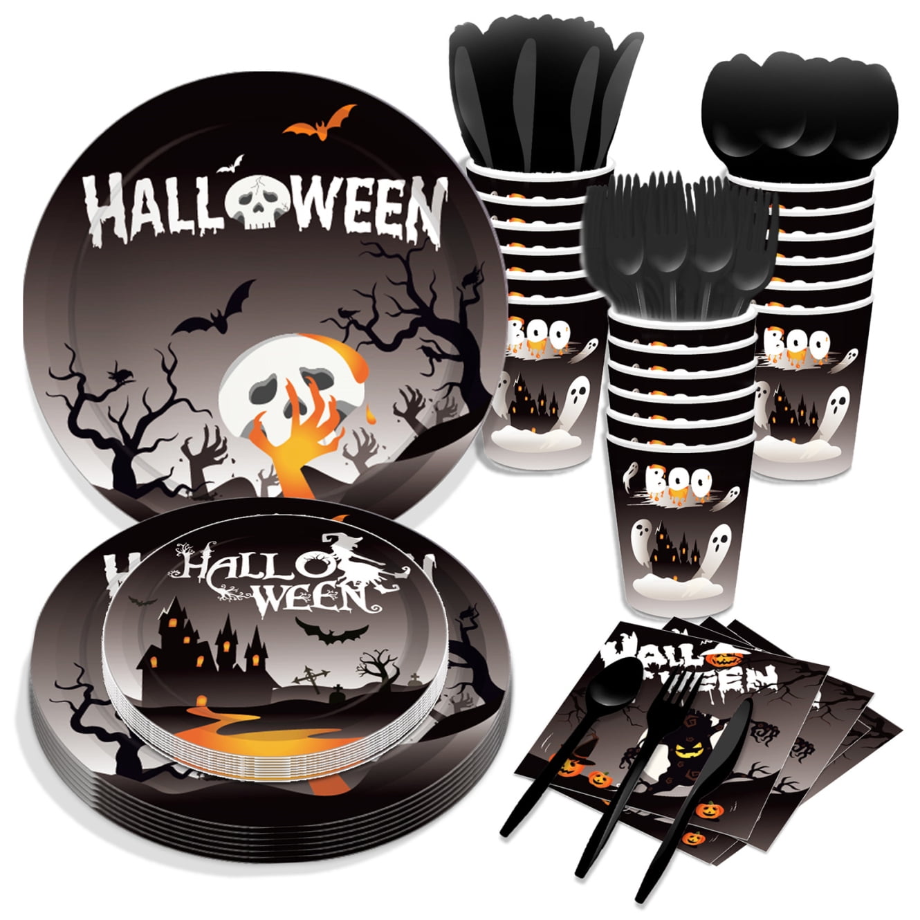 Halloween Party Paper Plates Sets, 68PCS Halloween Black Decorations