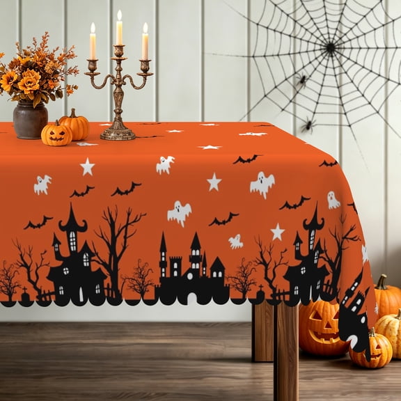 Halloween Party Polyester Rectangle Tablecloth,Orange Ghost Bat Table Cover for Holiday Decor,60x70 Inch