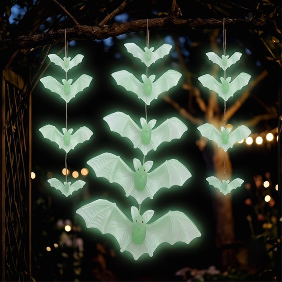 Halloween Party Props, Clear Luminous Green Hanging Bat Ornaments, Multi Size String Gothic Ceiling, Spooky Hanging Decor for Window, Fireplace Surround, Halloween Indoor Scene