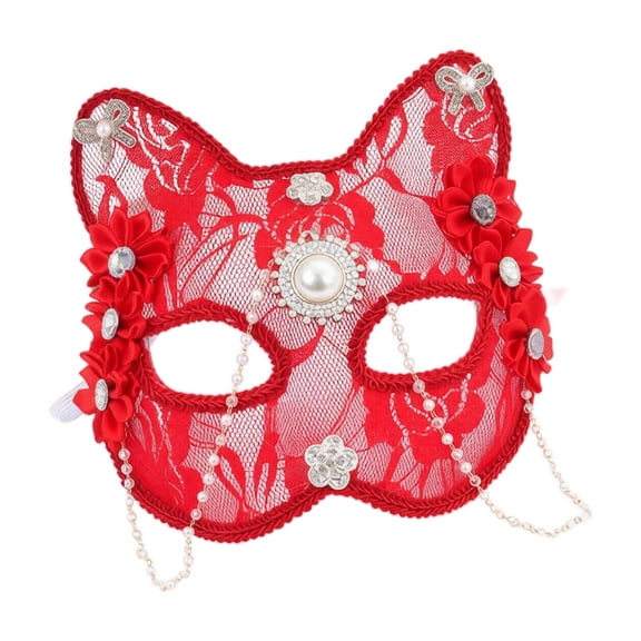 Halloween Party Red Half Face Mask, Lace Cat Mask, Masquerade Mask for Women, Gothic Accessory, 7X7 Inch Decorative Eye Mask with Attached Pearl Chains for Halloween Decoration,