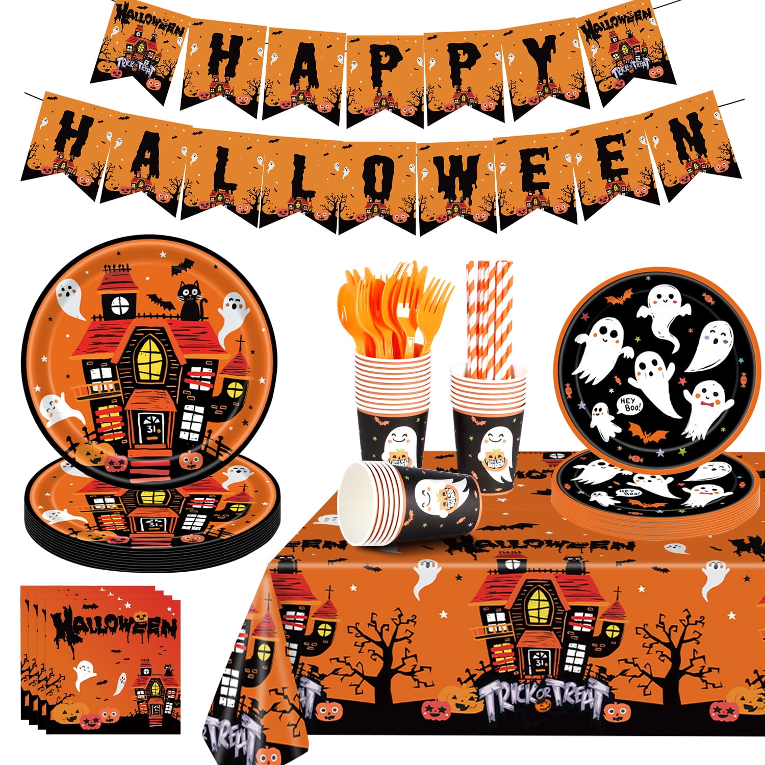 Halloween Party Supplies Decoration Tableware Set Serve for 24 Guests, Halloween Disposable Dinnerware Includes Plates, Napkin, Cup, Knife, Fork, Spoon, Straw, Banners, Tablecloth