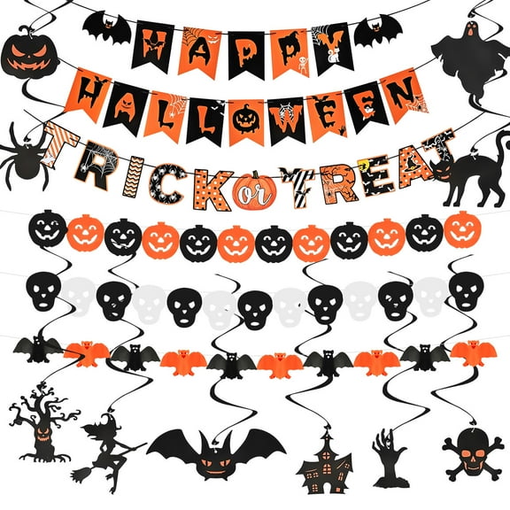 Halloween Party Supplies Decorations Indoor Set - Halloween Paper Banner, Trick or Treat Sign, Pumpkin Bat Skull Head Hanging Swirl