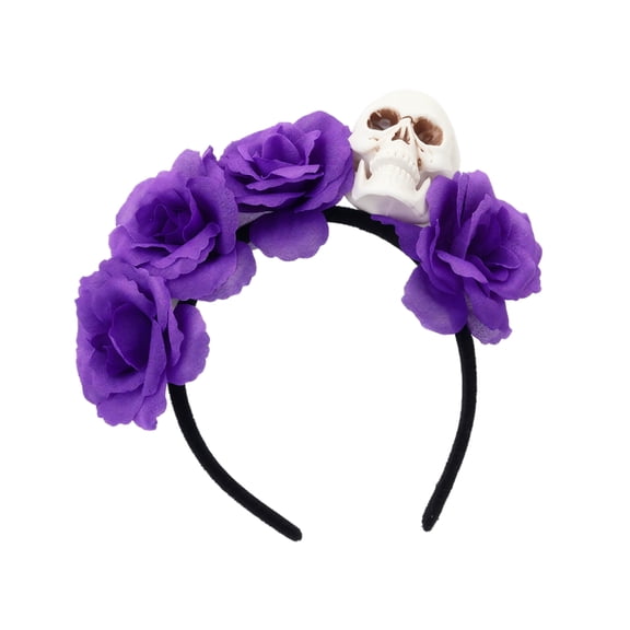 Halloween Party Supplies, Halloween Party Ready, Dia de Los Muertos Decor Suitable, Floral Decorations for Party Featured, 8 Inch Dark Themed Purple Flower Skull Headband for