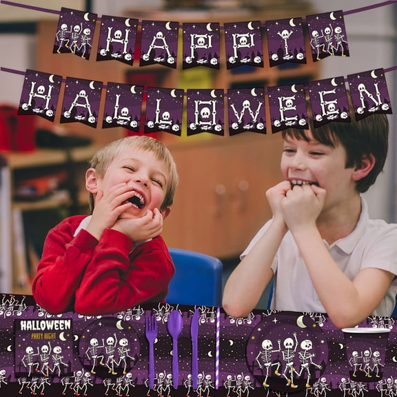 Halloween Party Supplies Halloween Skeleton Decorations Purple Halloween Disposable Dinnerware Set with Happy Halloween Banner for Spooky Halloween Party 51 Piece Full Pack