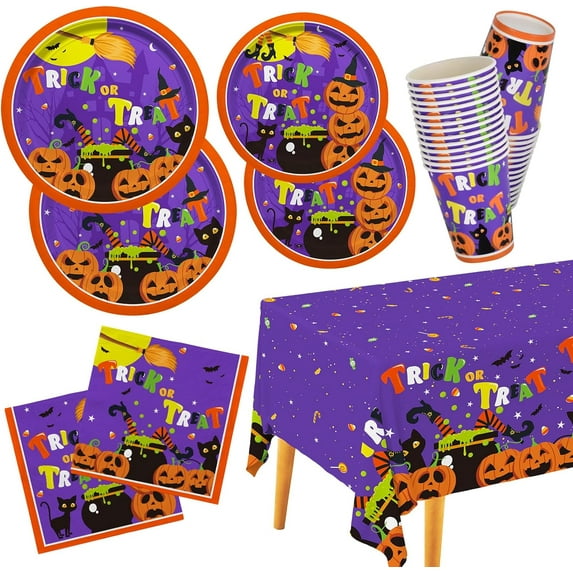 Halloween Party Supplies Kit Serve 25, Halloween Witch Pumpkin Design Includes Disposable Dinner Plates, Dessert Plates, Napkins, Cups and Tablecloth, Perfect for Halloween Birthday Party Decorations