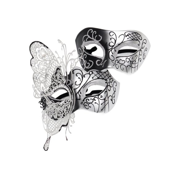 Halloween Party Supplies, Masquerade Mask for Couples, Silver Masquerade Mask, Butterfly Decor, Black Rhinestone Inlaid Hollow Iron Butterfly Metal Masquerade Mask Set for Men and