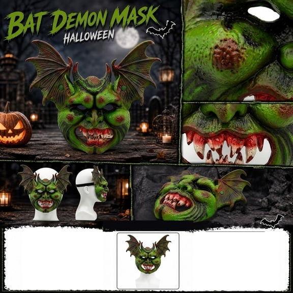 Halloween Party Supplies, Scary Halloween Mask, Devil Mask, Bat Decorations for Halloween, Full Face Latex Horror Mask with Bat Wing Accents, 16X12 Inch Wearable and Displayable