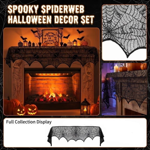 Halloween Party Supplies, Web Table Runner, Indoor Halloween Table Decorations, Webs Halloween Decorations, 98X18 Inch Black Lace Web Table Cloth, Multi-Functional Gothic