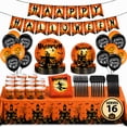 thumbnail image 1 of Halloween Party Supplies for 16 Guests, Disposable Tableware Set with Paper Plates, Cups, Napkins, Cutlery, Balloons, Banner and Table Cover, 1 of 8