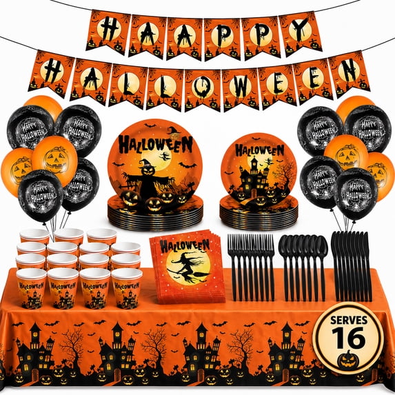 Halloween Party Supplies for 16 Guests, Disposable Tableware Set with Paper Plates, Cups, Napkins, Cutlery, Balloons, Banner and Table Cover