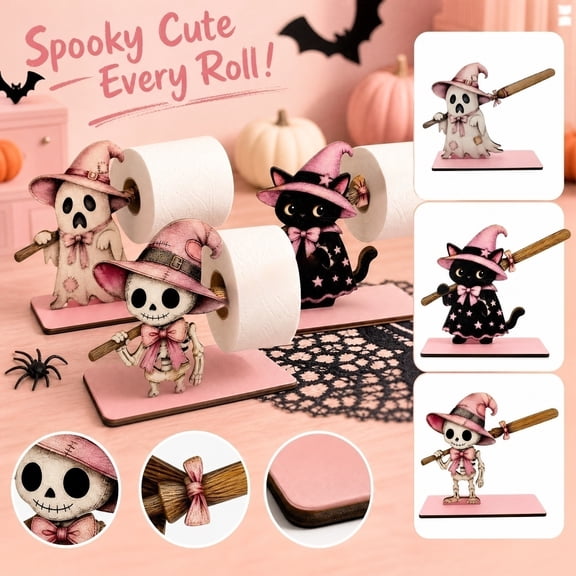 Halloween Party Table Decor, Pink Party Decor, Whimsical Halloween Decor, Wooden Halloween Black Cat Decor, Wooden Freestanding Roll Paper Holder, Decorative Halloween Accent for