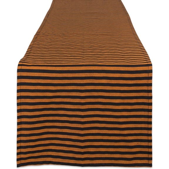 Halloween Party Tabletop Decor, Reusable & Machine Washable Cotton Fabric, Table Runner, 14x108, Witchy Black & Orange Stripe