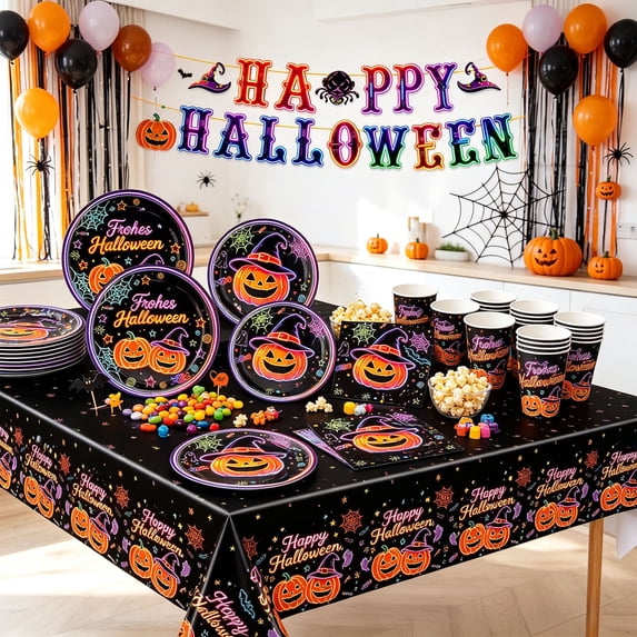 Halloween Party Tableware Set – Disposable Kit, Spooky Paper Plates Cups Napkins for Holiday Parties B