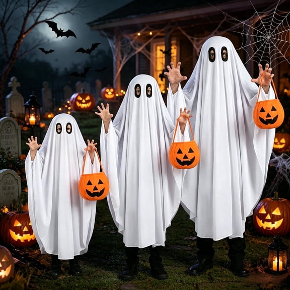 Halloween Party White Ghost Costume Cloak, Polyester Sheet Ghost Cape with Eye Cutouts, Classic Spooky Outfit for Halloween Trick or Treat Masquerade Party Cosplay Decor(S Size)