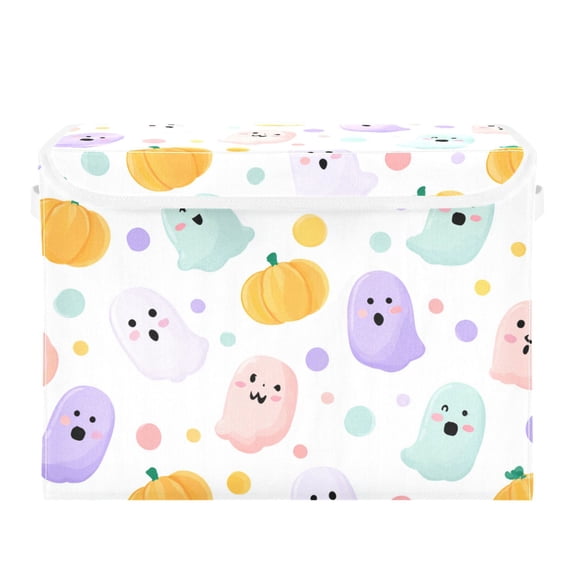 Halloween Pastel Colorful Dots Cute Specter Pumpkin Foldable Storage Bins with Lids Handles Collapsible Storage Containers Tote Boxes 16.5 x 12.6 x 11.8 inches