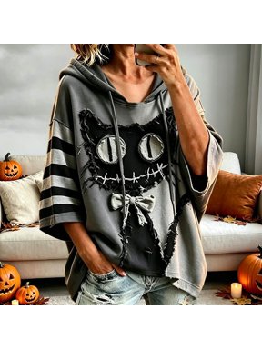 Halloween Patchwork Cat Print Casual Hoodie Vintage Spooky Black Cat Halloween Sweatshirt (Black1 M)